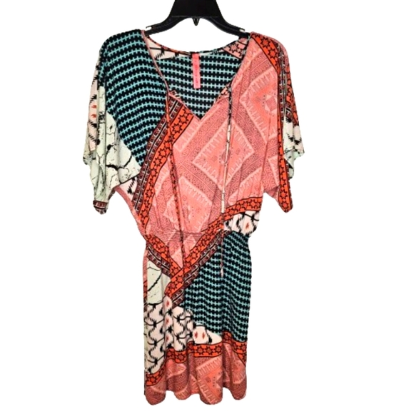 Womens Multicolored Mix Pattern Tie V-Neck Smocked Waist Mini Spring Dress M - Picture 2 of 11